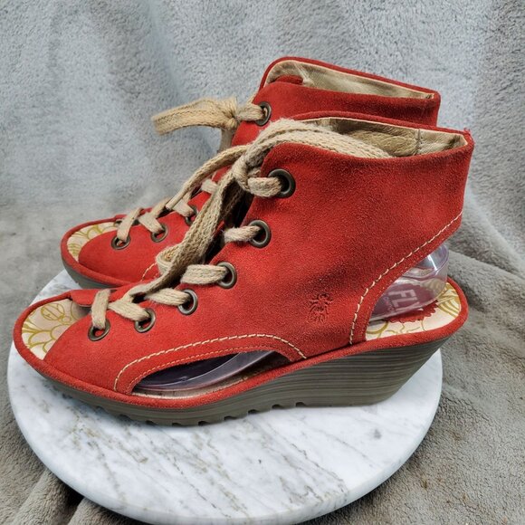 Fly London Shoes Womens EU 41 US 10 Red Suede Yaba Lace Up Booties - Picture 1 of 11